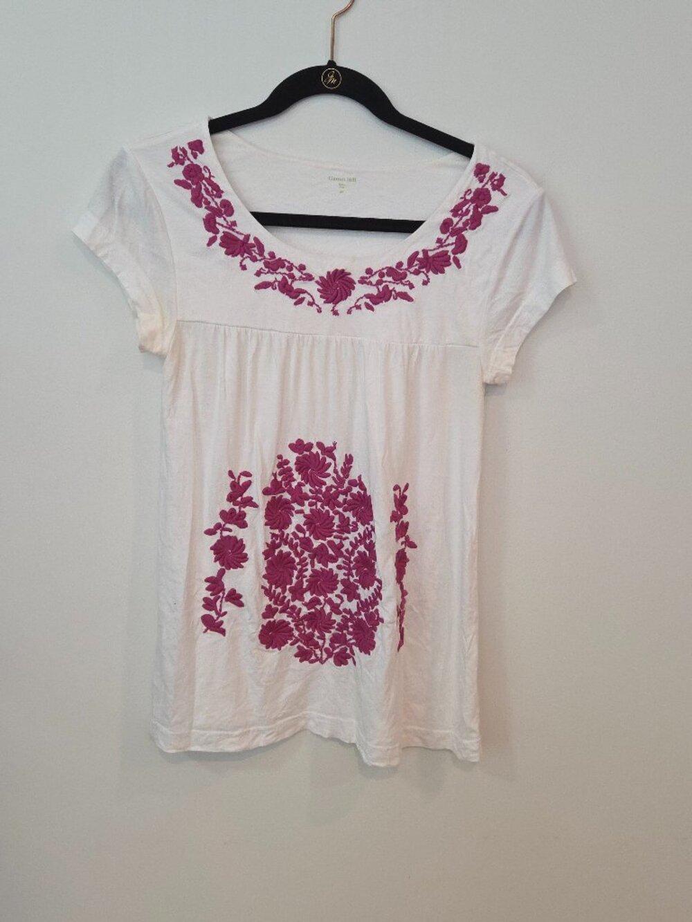 Garnet Hill White Pink Floral Embroidered Boho Peasant Top XS